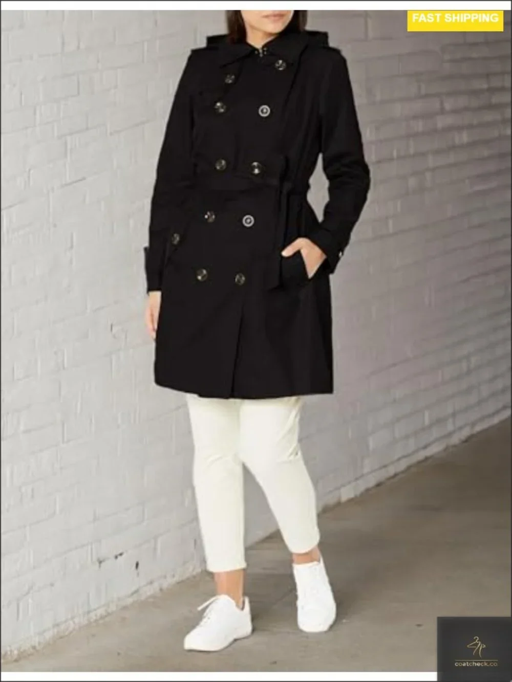 Women's Double Breasted Trench Coat with Belt - Water Resistant, 36